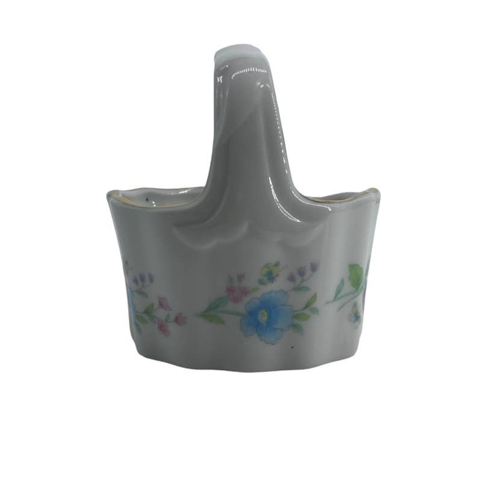 Vintage Small Ceramic Trinket Basket White with Pastel Flowers Japan Petite
